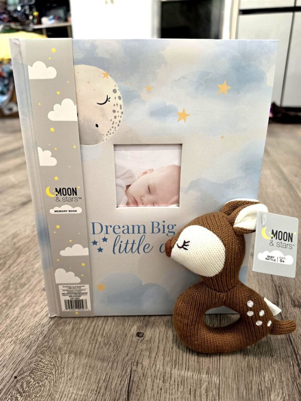 Dream Big Little One Baby Memory Book & Deer Rattle Gift Set Moon Star Brand NWT